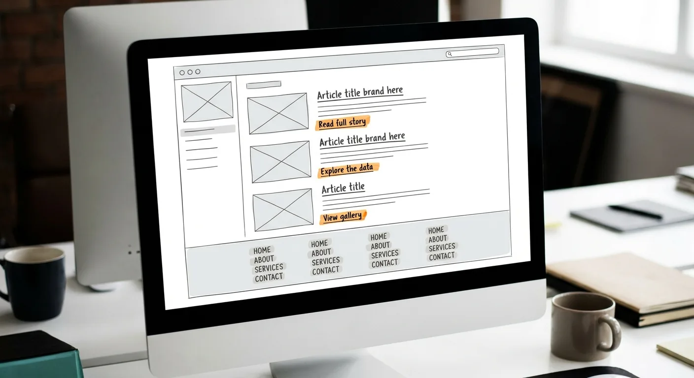 Website wireframe on a monitor with repeated header, footer and sidebar links