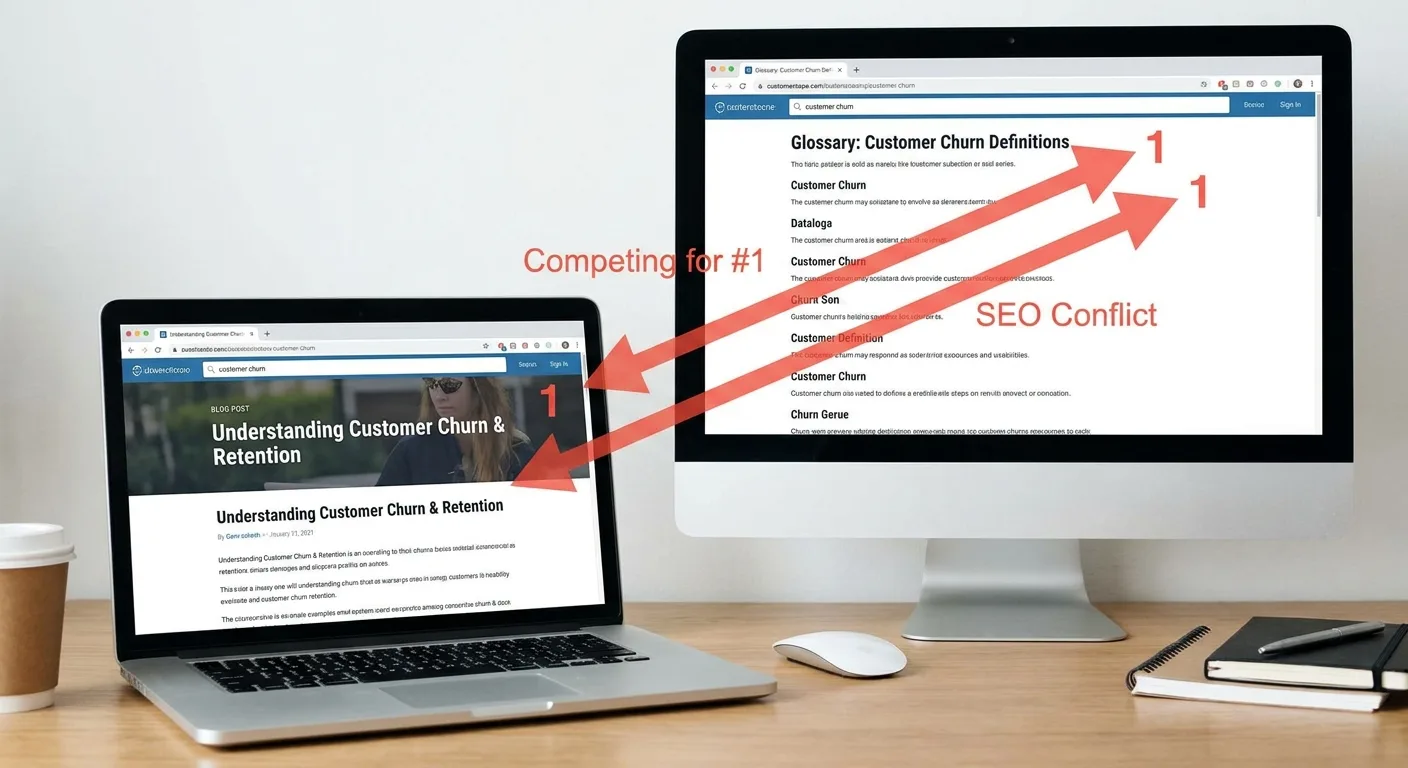 Two browser windows side by side, a blog post and a glossary