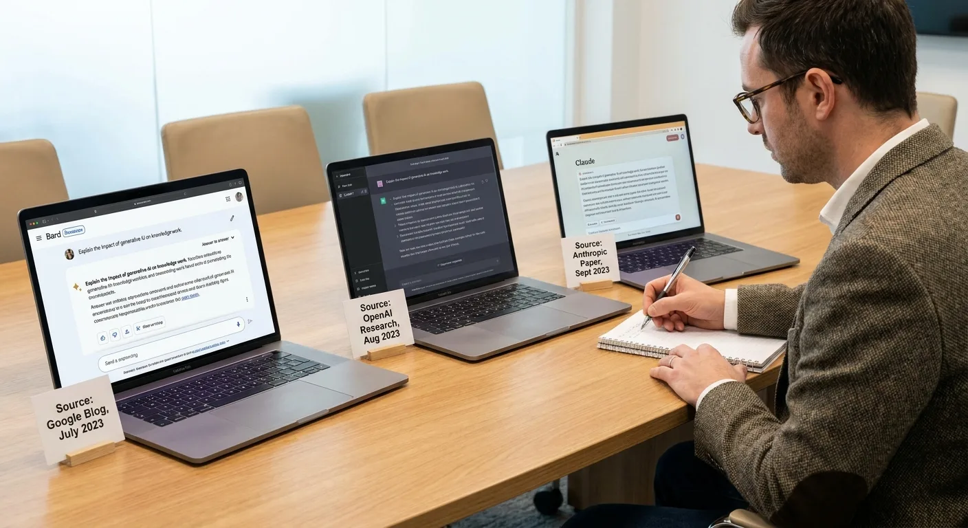 Three laptops on a table showing different AI chat answers to the