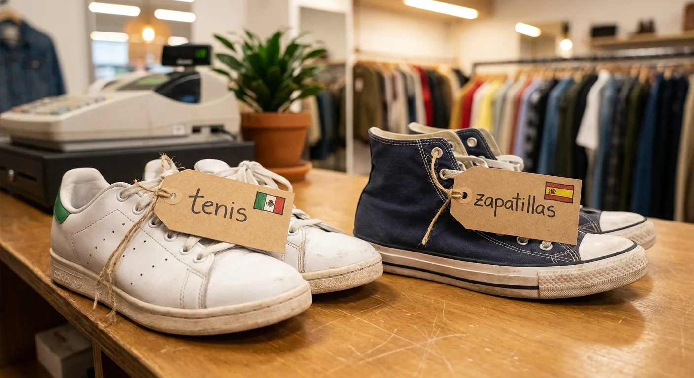 realistic photo of two pairs of sneakers on a shop counter, each
