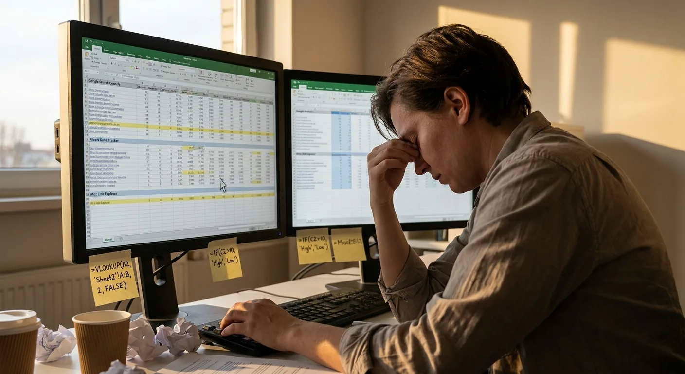 realistic photo of a tired marketer at a desk with two monitors